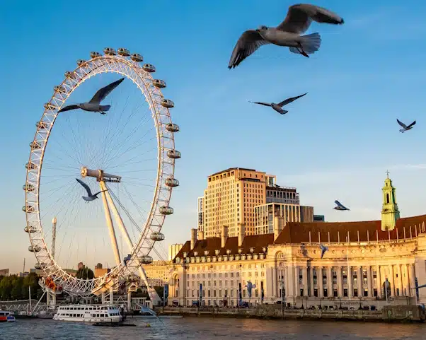 London Eye, the famous landmark of London in sunset light, England